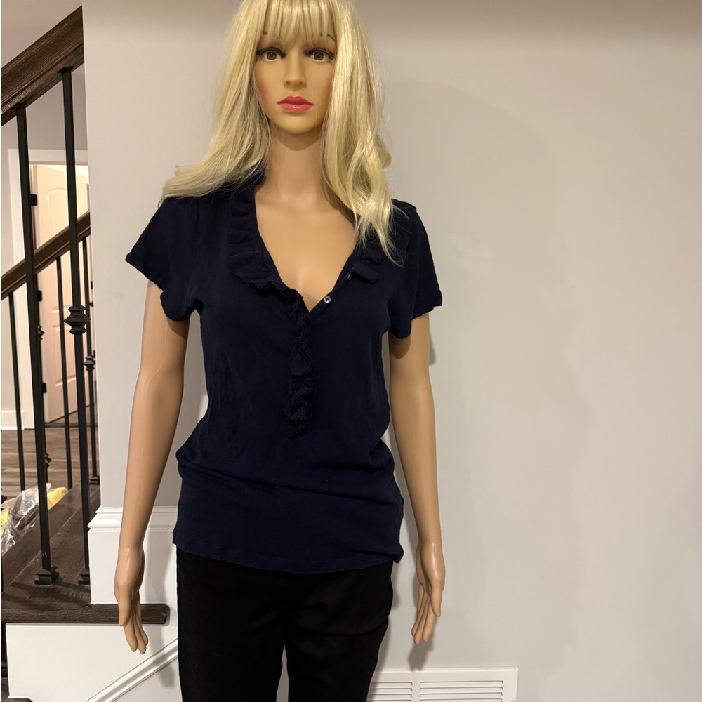 I Crew Ruffle-Trim Navy Short Sleeve V-Neck Knit Blouse